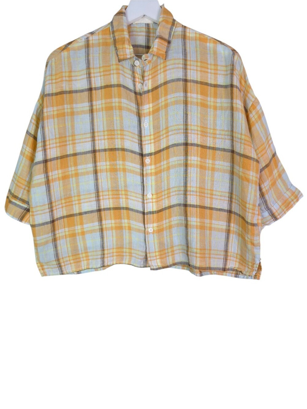 CP Shades Yarn Dyed Linen Yellow Plaid Button-Up Boxy Shirt